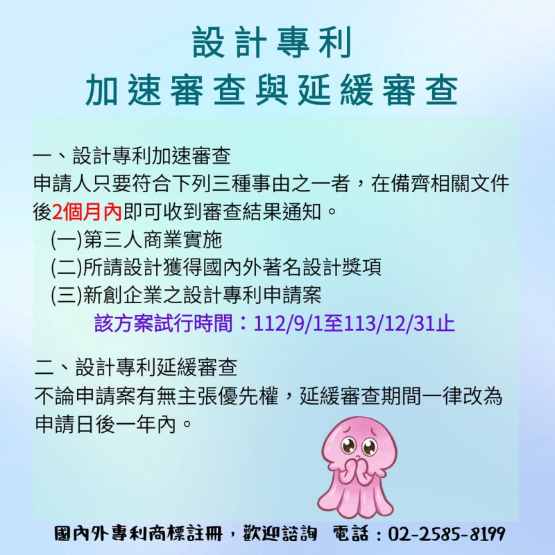 設計專利加速審查與延緩審查（修正）於112年9月1日生效！！